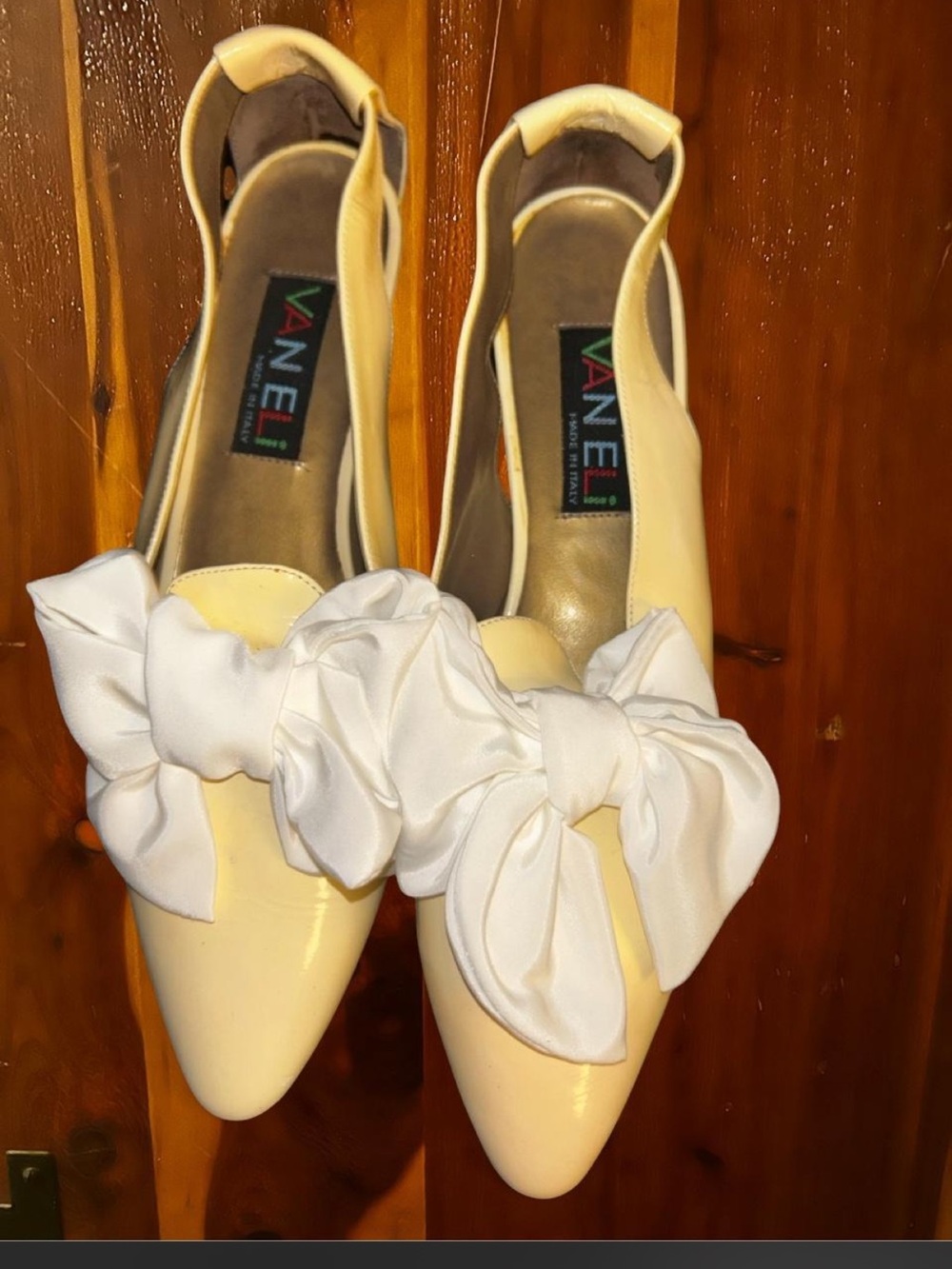 Vaneli Pale Yellow Pointed-Toe Flats with White Bow Accent